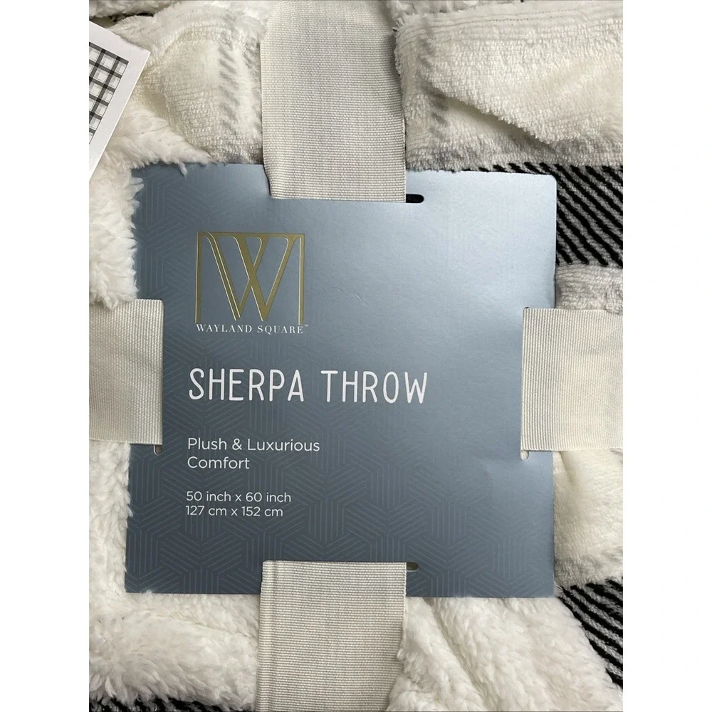 Wayland Sherpa Throw Plush Blanket Warm Soft Luxury Black White Plaid 50x60